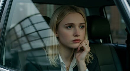 A blonde woman in a car looks pensive, with her hand resting on her chin.