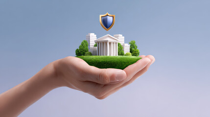 Hand holds miniature cityscape with shield symbolizing protection and security. This conveys sense of safety and care