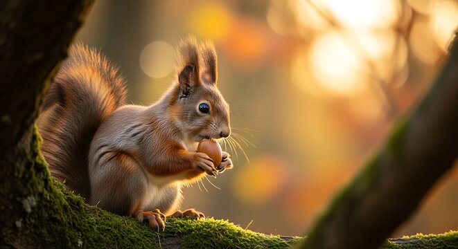 Red Squirrel With Tufted Ears Sits On A Mossy Branch, Beautifully Backlit By The Golden Hour Sun While Eating A Nut, Autumn Season, Forest Wildlife, Golden Hour