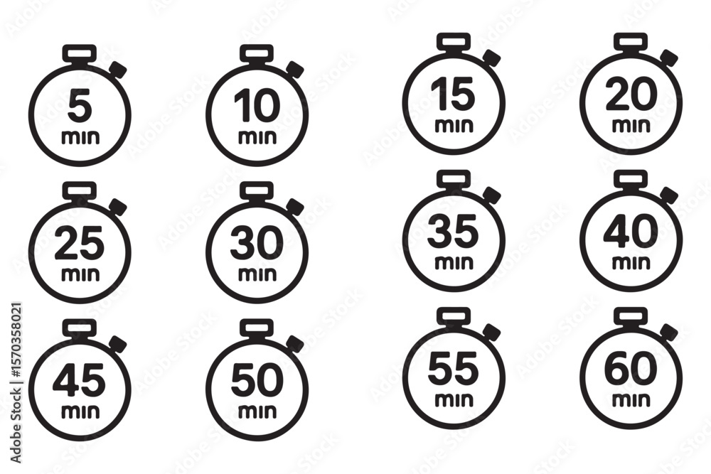 Poster timer, clock, stopwatch isolated vector icon. timer icon set, timer from 10 to 60 minutes, vector il