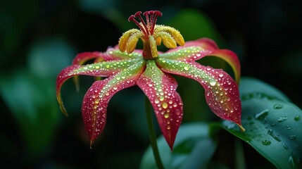 Close-up of a vibrant flower with water droplets.