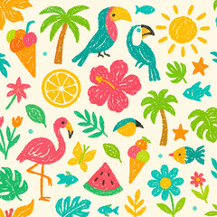 Colorful hand-drawn illustration featuring tropical birds, flowers, and summer treats.