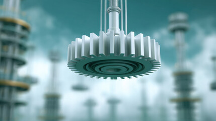 High quality gear mechanism with intricate design, suspended modern industrial setting, showcasing engineering precision