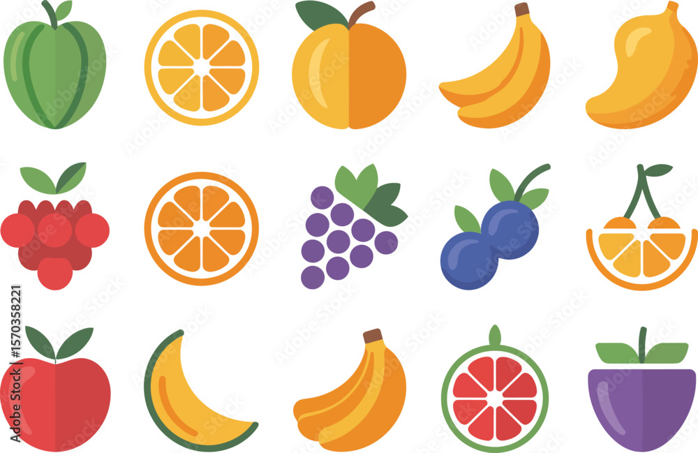Poster a collection of fifteen different types of fruit displayed in a flat design style