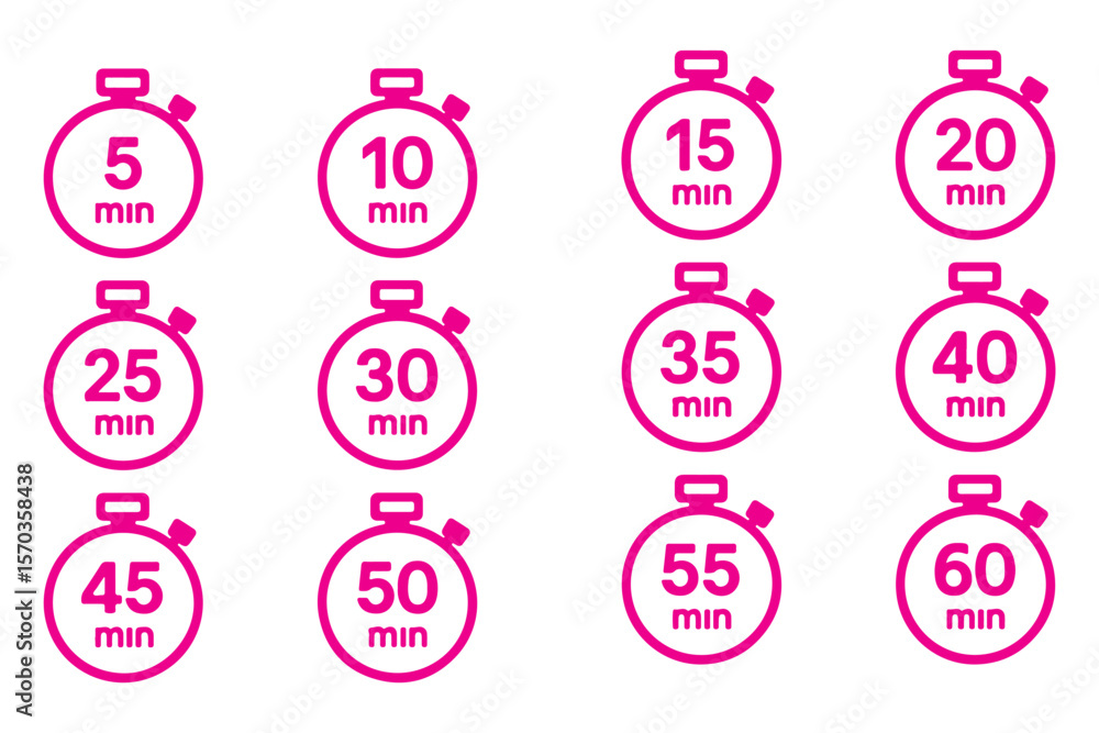 Poster timer, clock, stopwatch isolated vector icon. timer icon set, timer from 10 to 60 minutes, vector il