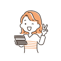 通帳を持ち笑顔でピースをしている若い女性