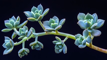 Close-up of a succulent plant branch with light-blue leaves.