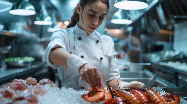 A skilled female chef in a seafood restaurant kitchen 