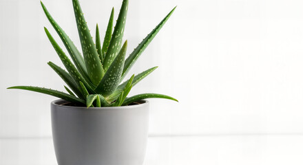 Modern Indoor Aloe Vera Plant in a Stylish Grey Pot on White Background - Trendy Low-Maintenance Houseplant for Natural Home and Office Decor, Natural Air Purifier with Healing Properties