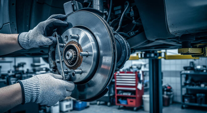 Mechanic replacing brake disc on lifted car in auto repair shop