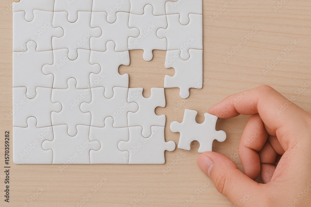Poster hand holding single puzzle piece over incomplete puzzle on light wooden table background showing con