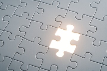 Fototapeta premium Light Shining Through Missing Puzzle Piece on White Puzzle Mat Providing Symbolism of Unfinished Tasks and Opportunities in Life