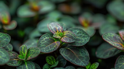 Close-up view of intricate leaves with dark green and vibrant hues.
