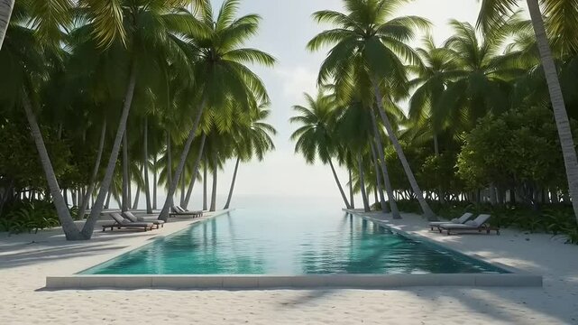 Serene beachside pool surrounded by palm trees with a tranquil ocean view in the background