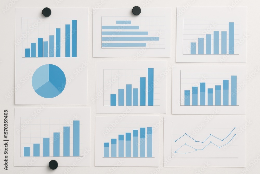 Poster comprehensive overview of blue data visualizations including bar charts, pie charts, and line graphs