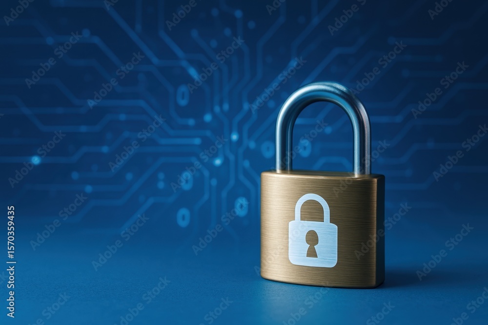 Poster secure golden padlock on digital background representing cybersecurity and data protection in modern