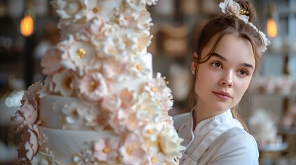 A talented young female baker carefully decorating a cake