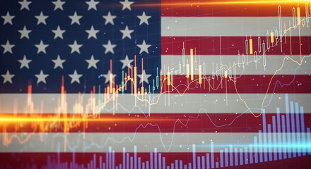 Stock market data showing growing trends over american flag background