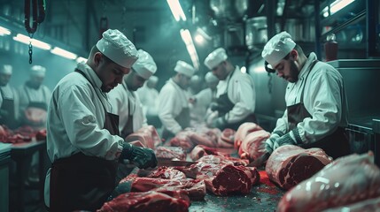 Butchers and factory workers processing fresh meat