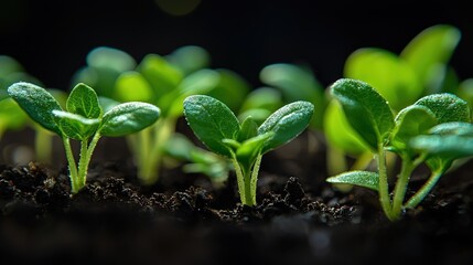Close-up of young plants emerging from soil.