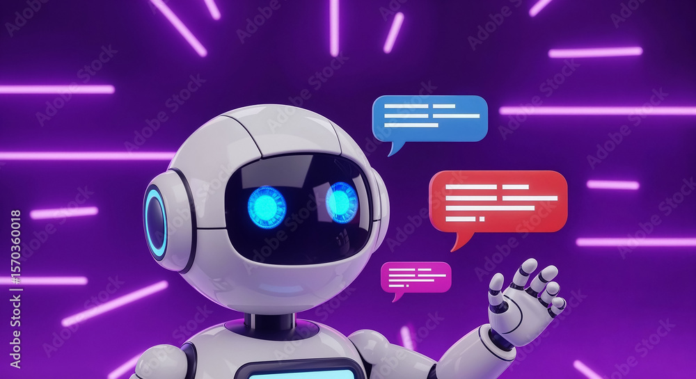 Poster Friendly robot showing chat messages on purple neon background