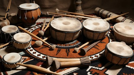 A collection of assorted traditional drums and beaters arranged on an ornate patterned rug.