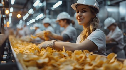 Employees in a large snack production plant operating 