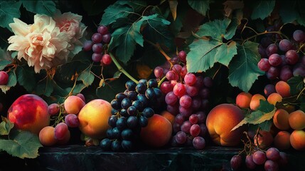 Still life arrangement of ripe fruits and flowers.