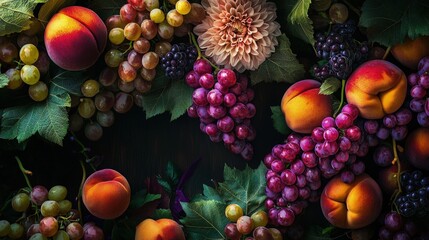 A vibrant arrangement of peaches, grapes, and berries.