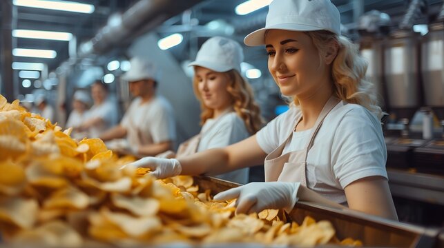 Employees in a large snack production plant operating 