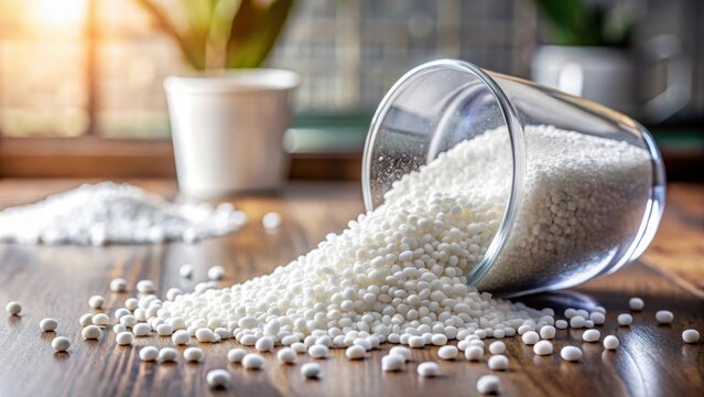 Fine white granules of sorbitol sweetener spill out of a transparent cup