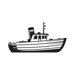 Obraz premium Vector illustration of a classic tugboat in a simple black and white vintage art style