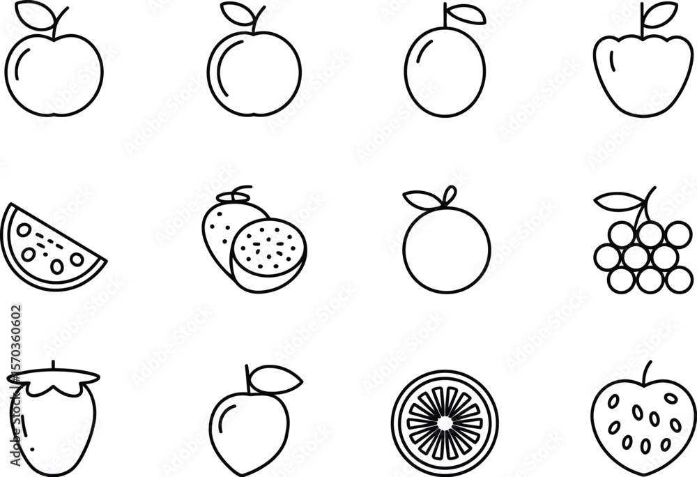 Poster a collection of twelve different fruit icons in a simple line drawing style