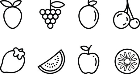 A line art illustration of eight different kinds of fruits on a white background