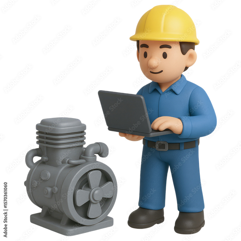 Aufkleber 3d engineer with laptop and engine model in industrial setting for mechanical projects