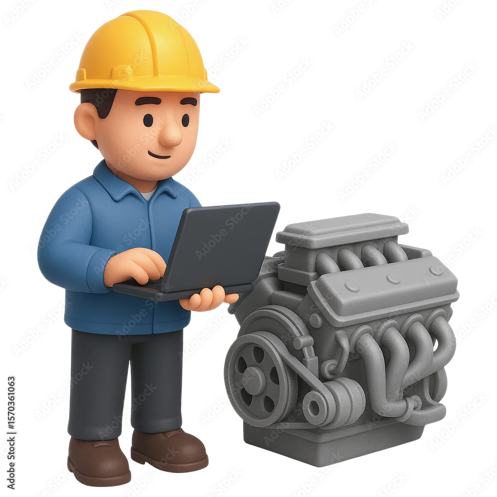Aufkleber 3d engineer in hard hat working on laptop next to engine block design concept