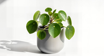 Elegant Indoor Peperomia (Peperomia obtusifolia) in a Modern Grey Pot on White Background - Trendy Low-Maintenance Houseplant for Stylish Home and Office Decor, Natural Foliage Accent