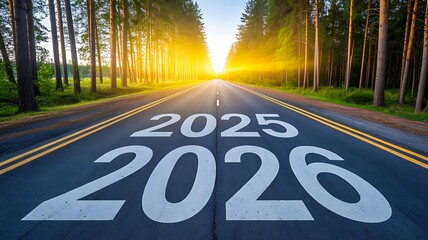 Highway with 2025 2026 numbers leading into sunrise

