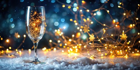 Elegant glass adorned with glittering confetti and twinkling fairy lights on a snowy winter's night scene