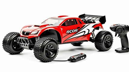 A vibrant red and white radio-controlled buggy sits on a pristine white surface, controllers nearby.