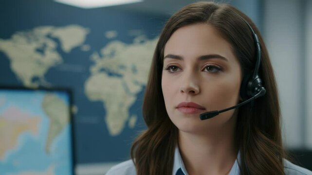 A young woman with a headset works in customer service with a world map in the background
