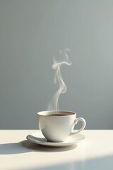 Aromatic Steam Rising from a Single Cup of Coffee on a White Saucer
