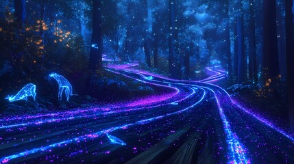 A mystical forest path at night, lit by glowing particles.