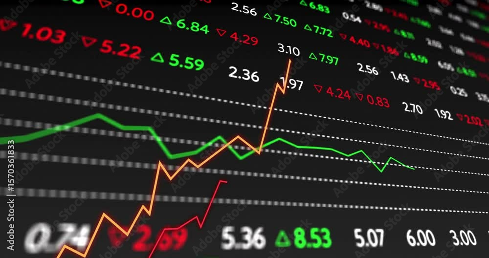 Poster market data feed initiating numeric updates driving orange graph climbing and rebounding for trends
