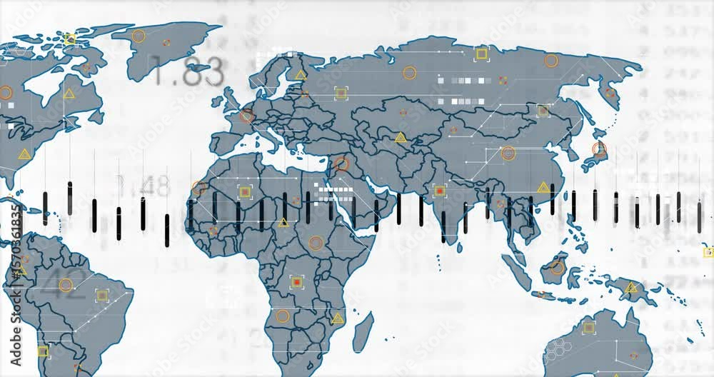 Poster on grey outline appearing, world map expanding while line chart tracing ticks showing data trends