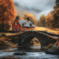 A quiet red cottage nestled by a gentle river, framed by a moss-covered arched stone bridge, vibrant orange trees on either side, soft golden fields stretching into the misty highlands.