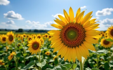 Fototapeta premium Exciting summer activities concept. Bright sunflowers in a vibrant field under a clear blue sky.