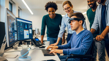 Realistic photo of a quadriplegic developer using eye-tracking software in an inclusive workspace from eye-level view