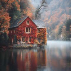 A photograph of a red stone house cloaked in ivy, nestled across a calm river, surrounded by vivid autumn trees, orange and amber foliage reflecting in the water,