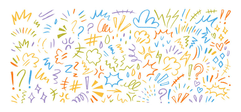 Naklejki Colorful line movement elements, crayon drawn emotional decoration elements. Doodle emphasis icons. Comic express lines and shapes. Vector illustration, wind, sparkle, question, shine sunburst.